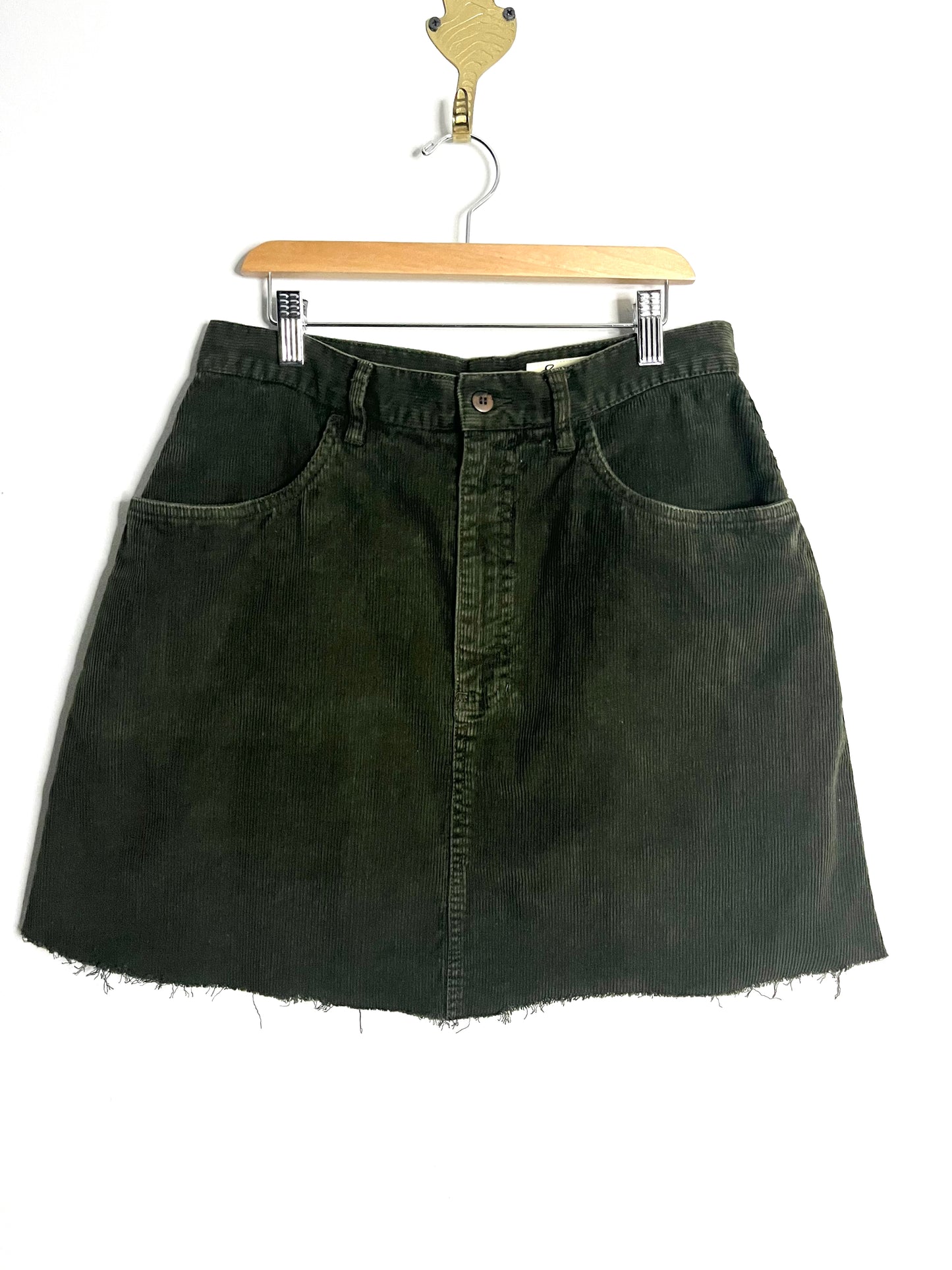High-Waist Green Corduroy Skirt w/ Raw Hem | Waist 30