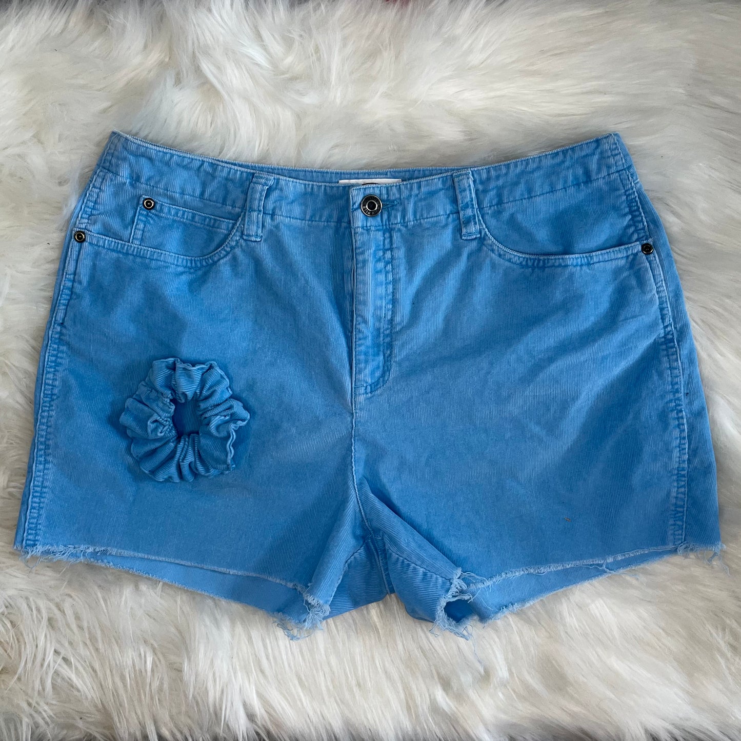 Bright Blue Corduroy Shorts w/ Matching Scrunchie | W: 34 in